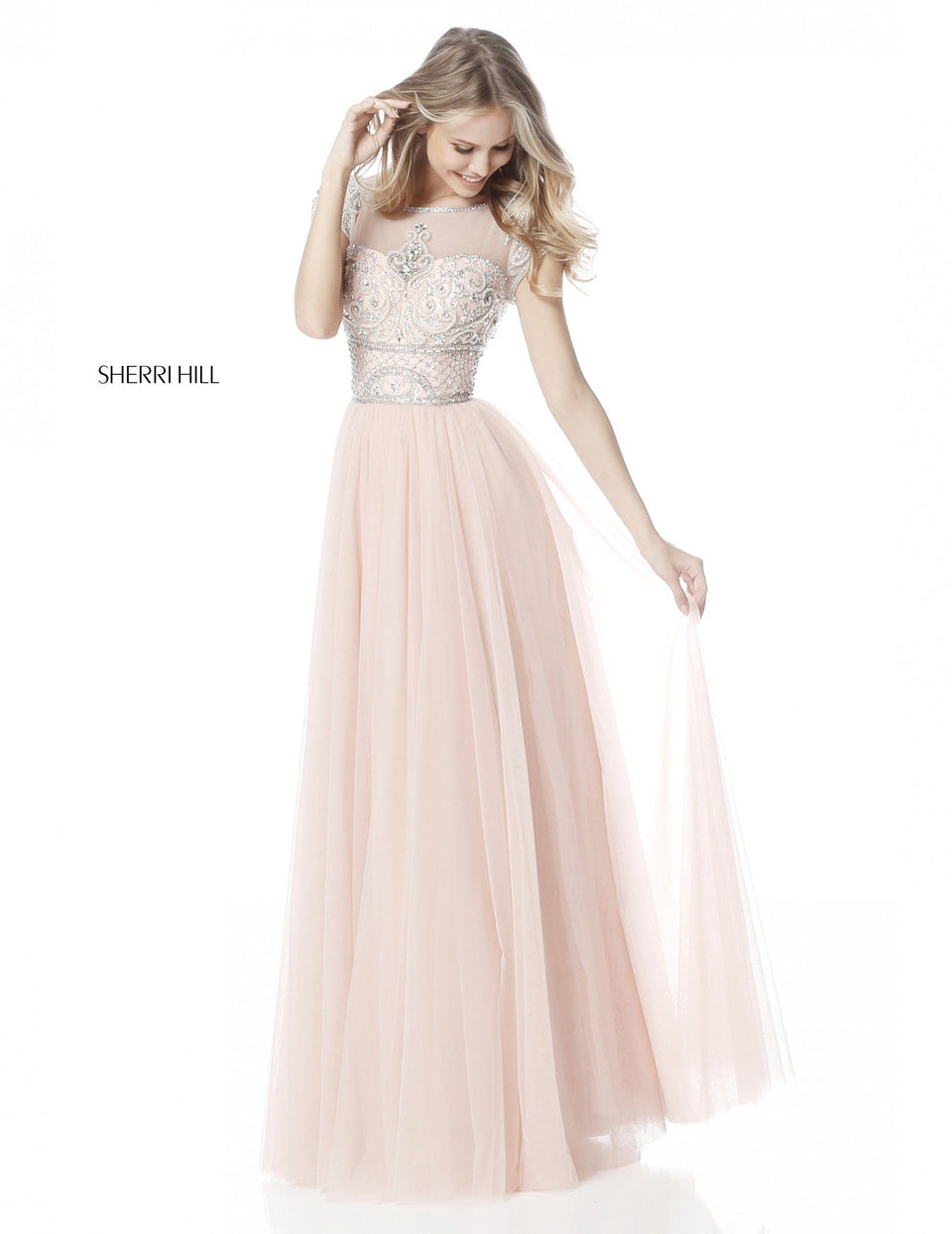 sherri hill Chiffon gown with beaded short sleeved bodice