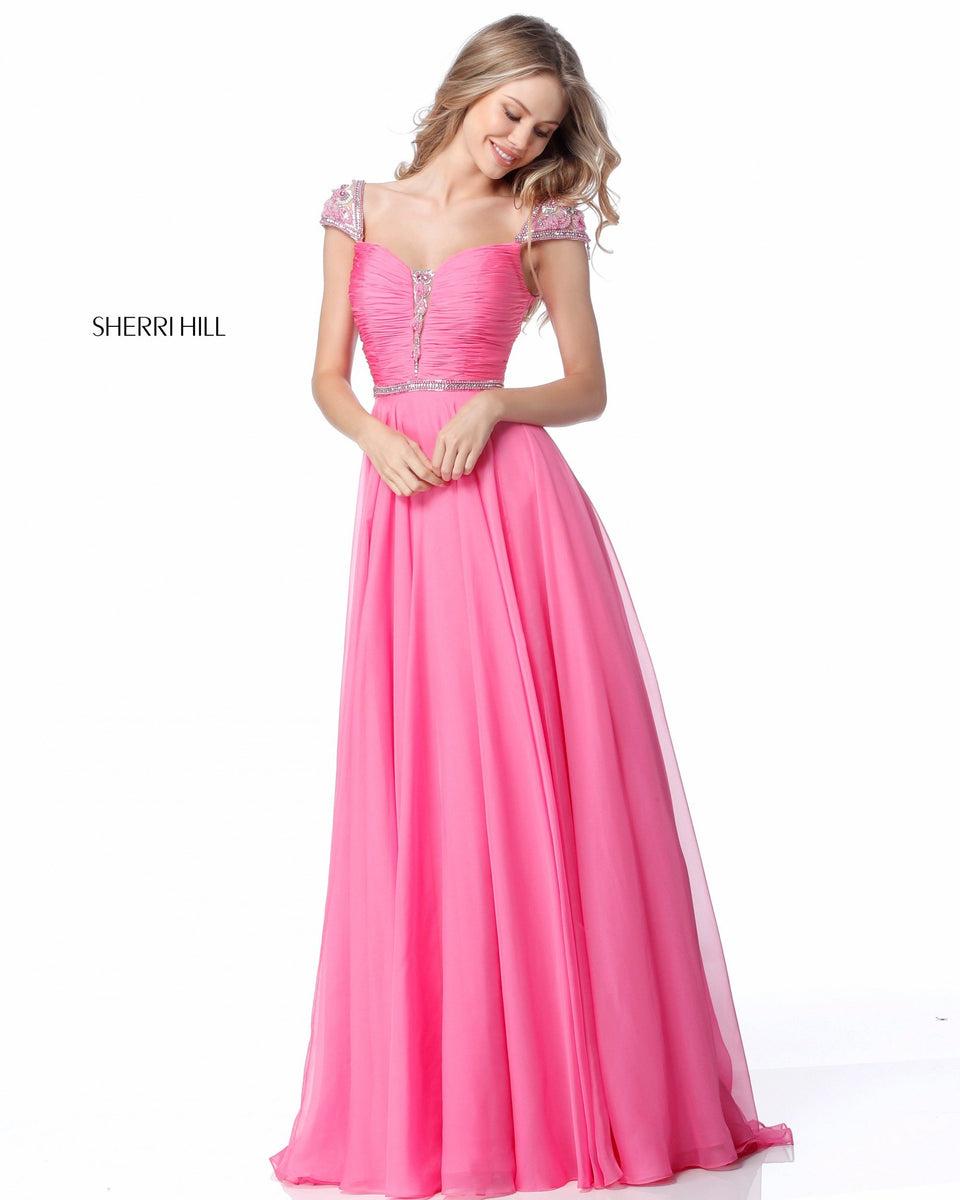 Sherri Hill Chiffon Gown With Beaded Shoulder Belt And V-neck Detail