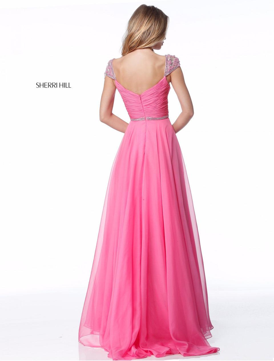 Sherri Hill Chiffon Gown With Beaded Shoulder Belt And V-neck Detail