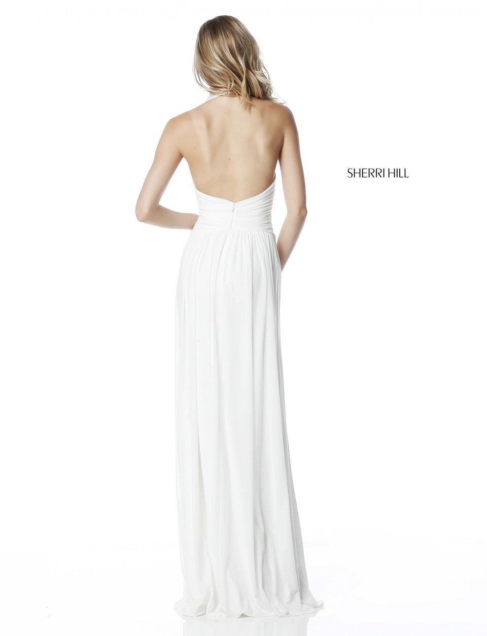 Sherri Hill Chiffon Gown With Deep V Beaded Halter Neckline