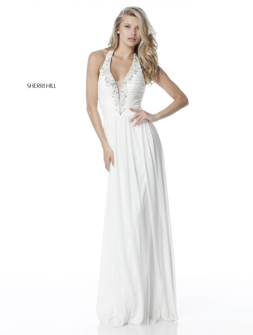 sherri hill Chiffon gown with deep V beaded halter neckline