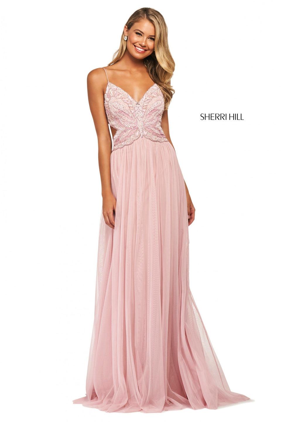 sherri hill Chiffon gown with gathered skirt and beaded bodice with V neckline side cut outs and lace up back