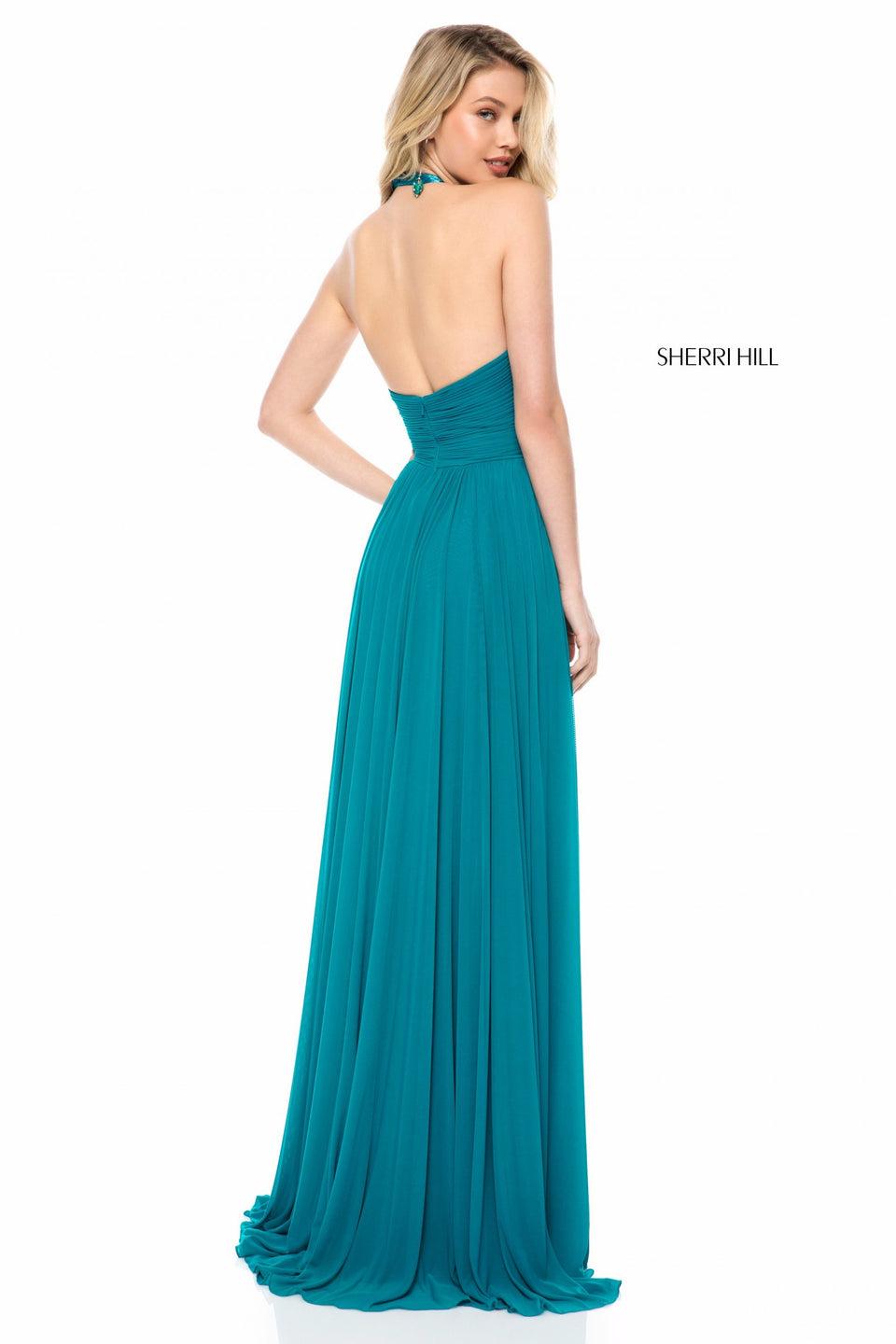 Sherri Hill Chiffon Gown With Halter Front Keyhole Bodice And Slit Skirt