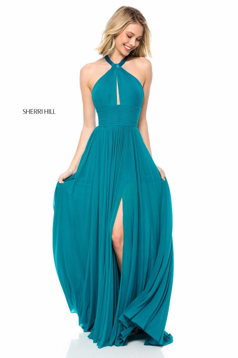 Sherri Hill Chiffon Gown With Halter Front Keyhole Bodice And Slit Skirt
