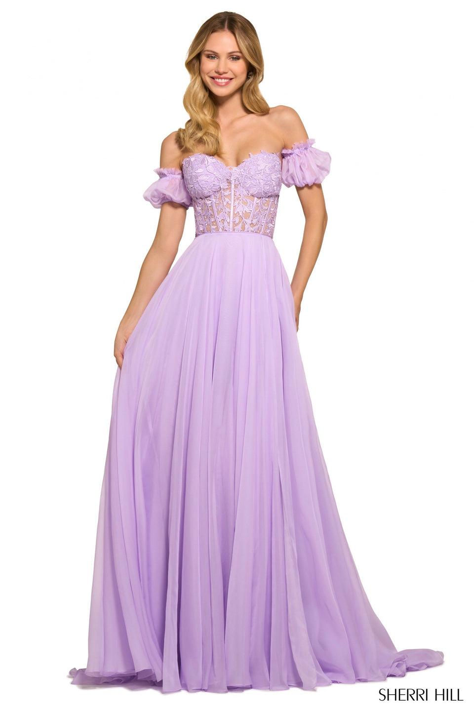 Sherri Hill Chiffon Gown With Lace Corset Top Detachable Balloon Sleeves And Lace Up Back