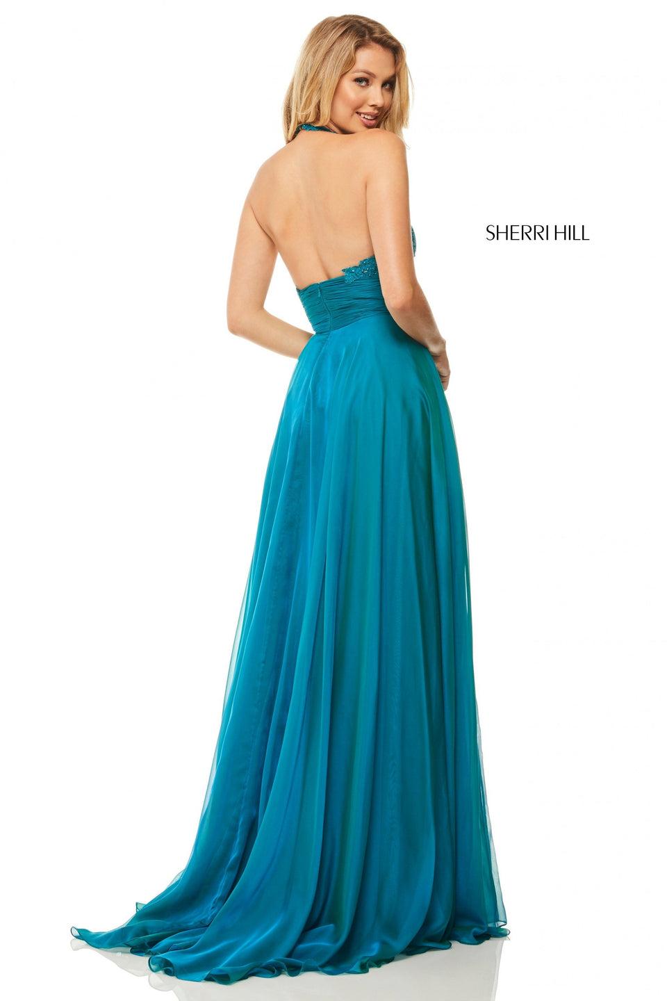 Sherri Hill Chiffon Gown With Lace Halter Neck Bodice And Ruched Waist