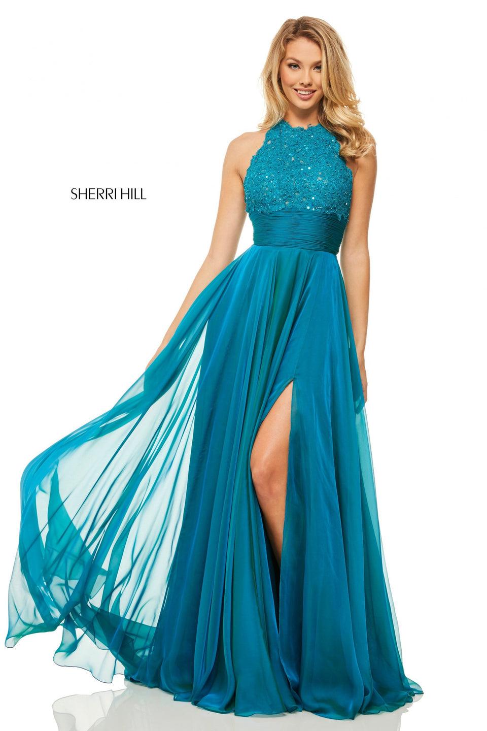sherri hill Chiffon gown with lace halter neck bodice and ruched waist