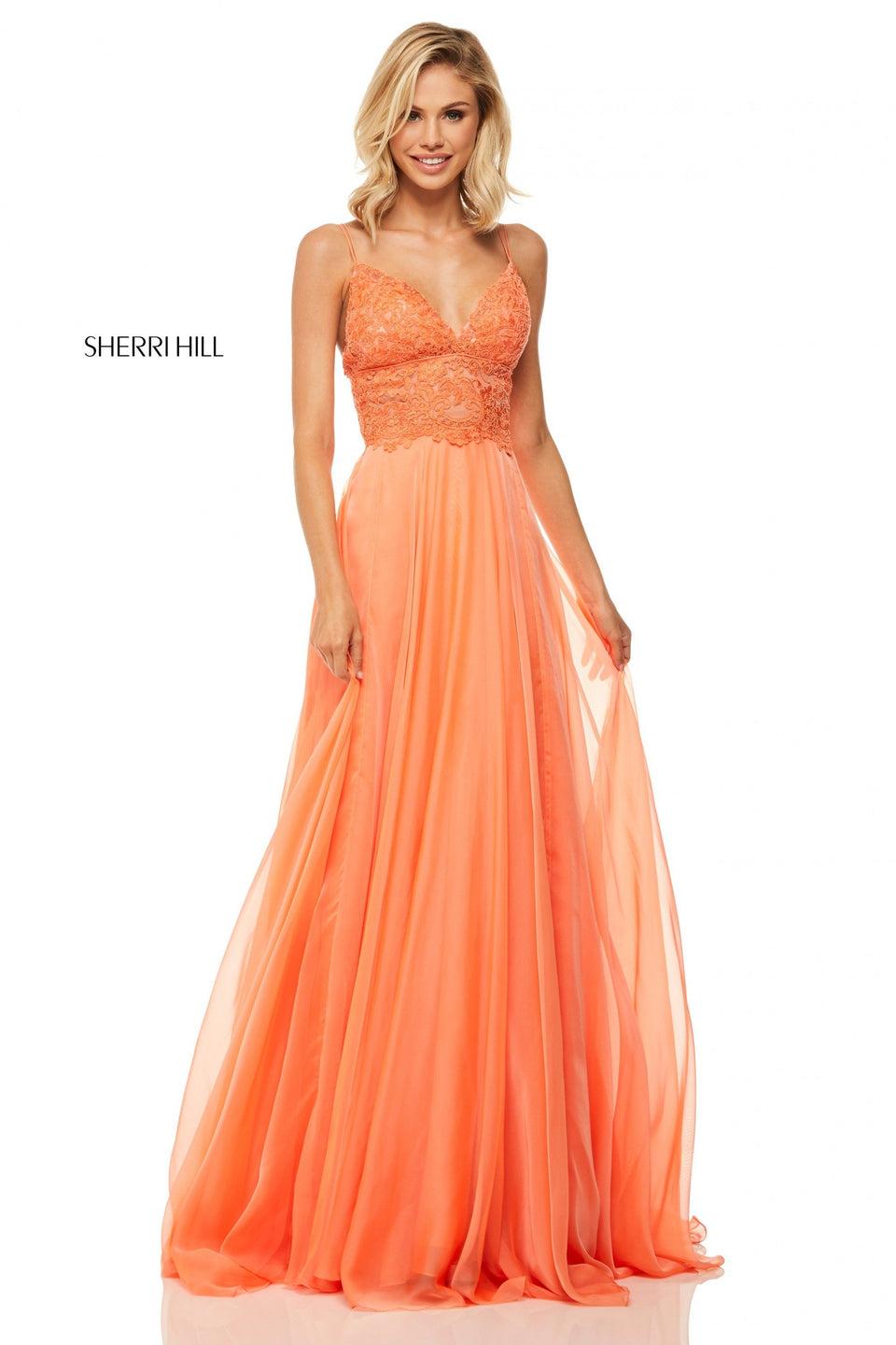 sherri hill Chiffon gown with lace V-neck bodice with spaghetti straps