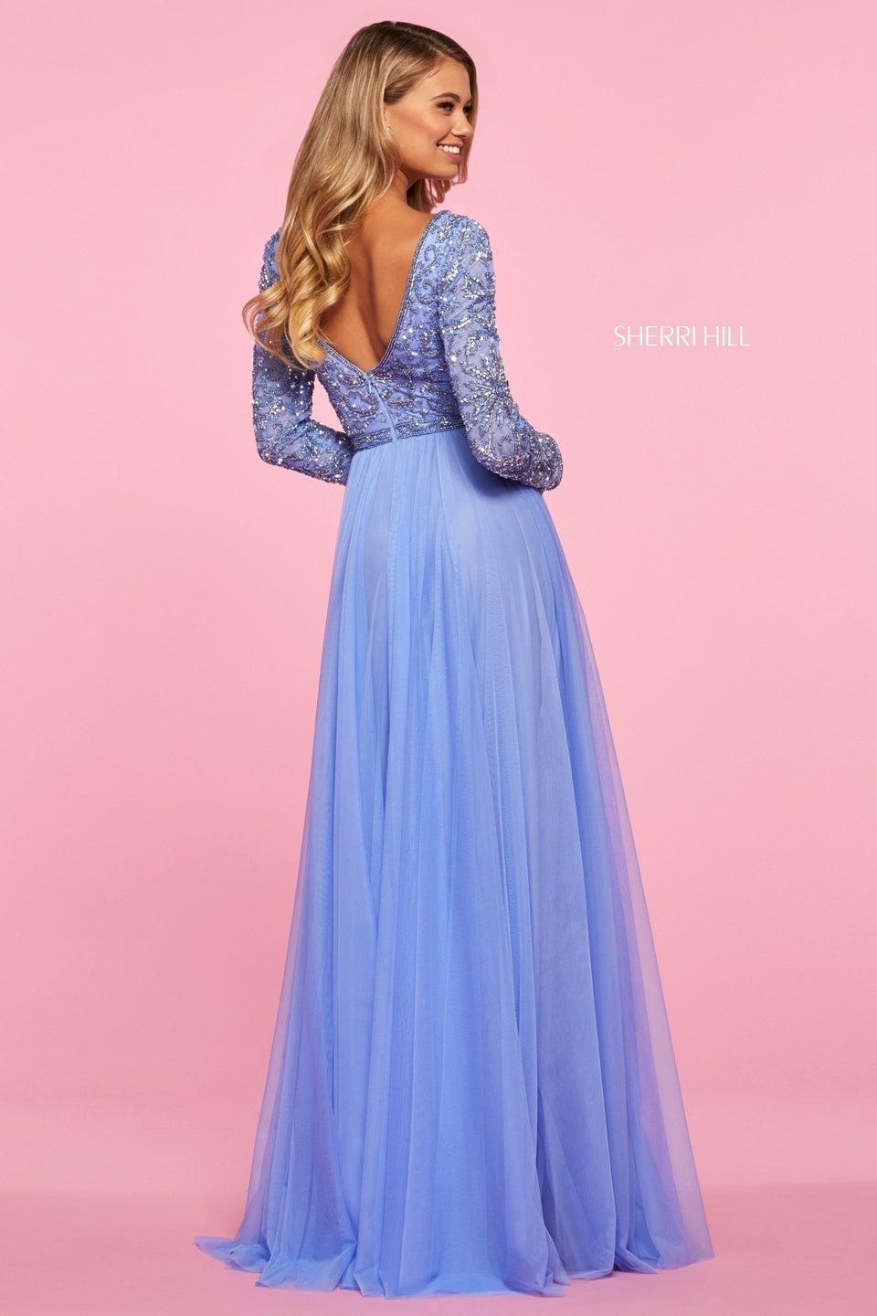 Sherri Hill Chiffon Gown With Long Sleeve Beaded Bodice And Gathered Skirt