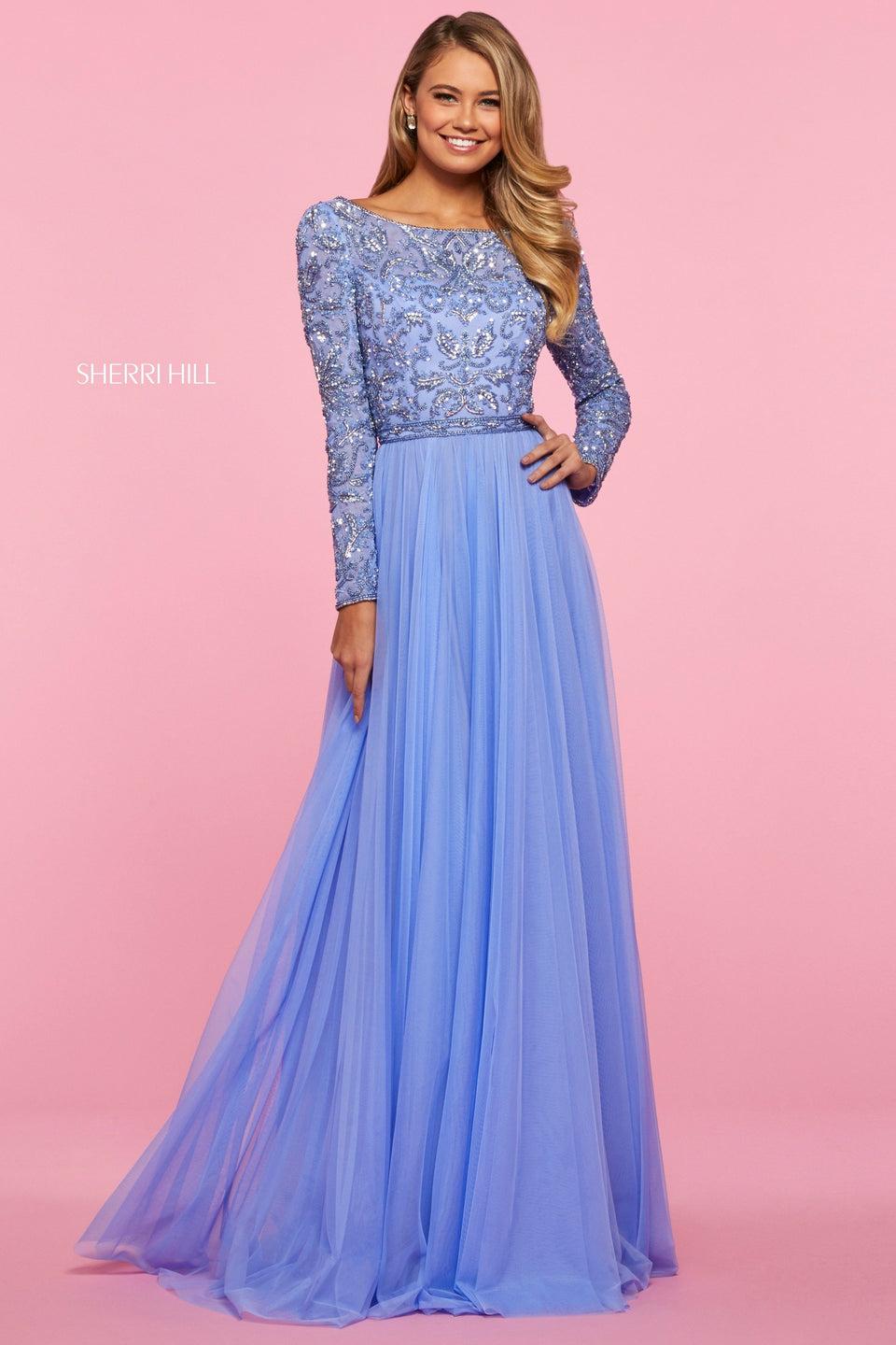 sherri hill Chiffon gown with long sleeve beaded bodice and gathered skirt