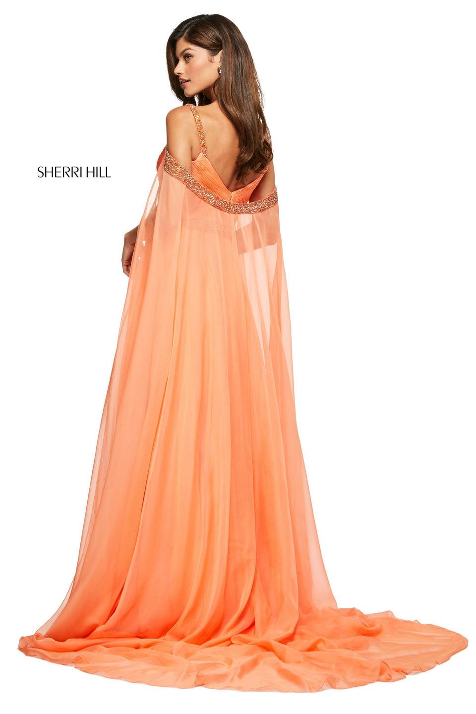 Sherri Hill Chiffon Gown With Ruched Bodice Beaded Belt And Straps And Cold Shoulder Cape