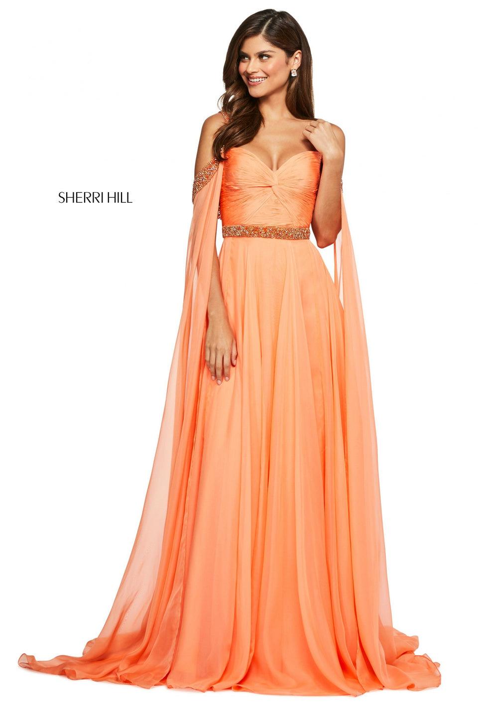 Sherri Hill Chiffon Gown With Ruched Bodice Beaded Belt And Straps And Cold Shoulder Cape
