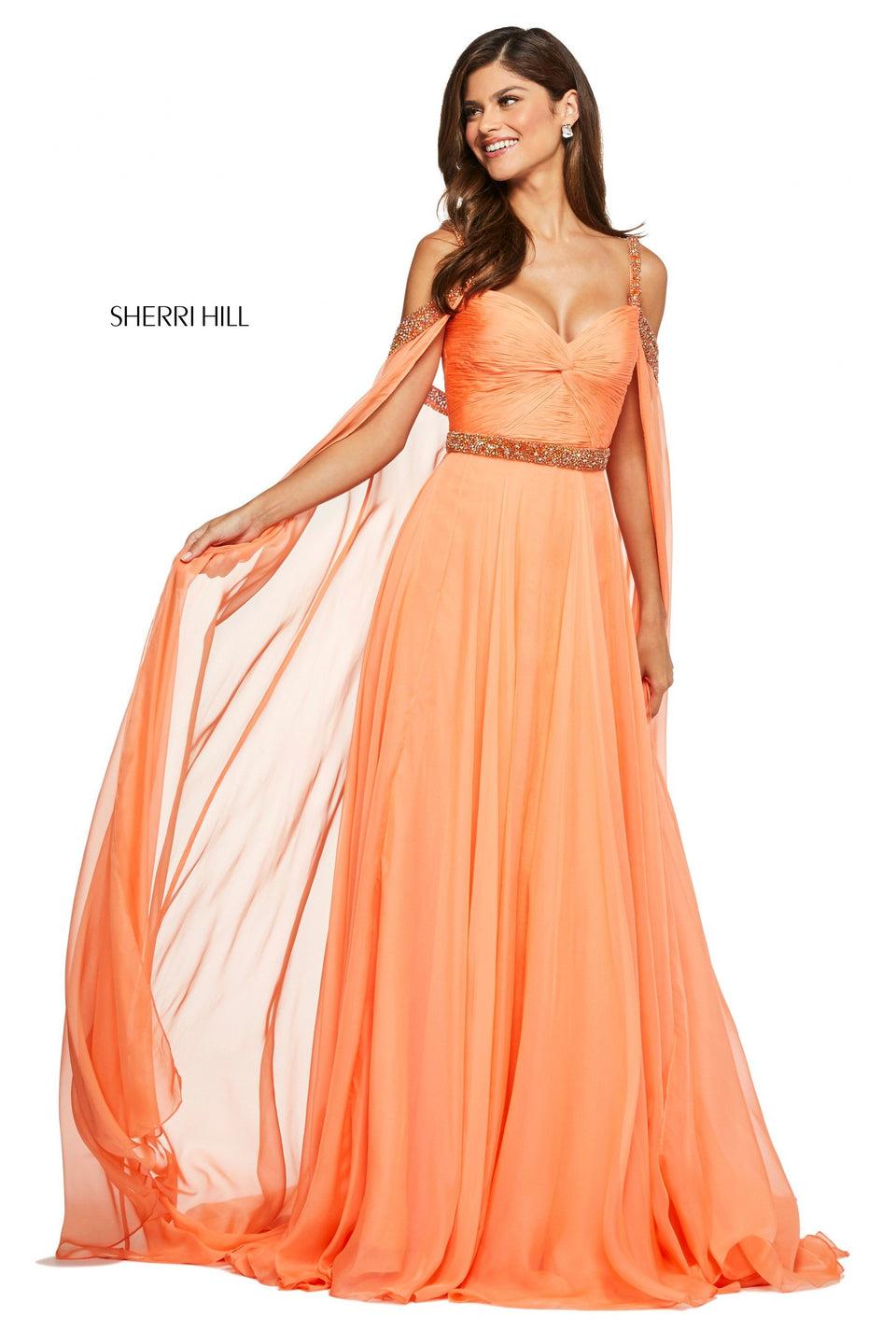 Sherri Hill Chiffon Gown With Ruched Bodice Beaded Belt And Straps And Cold Shoulder Cape