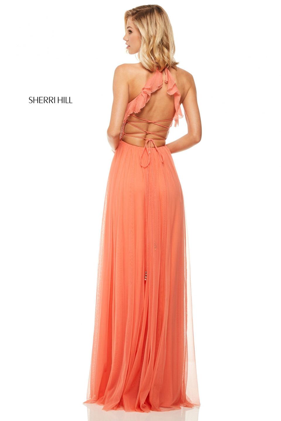 Sherri Hill Chiffon Halter Gown With Beaded Bodice Ruffle Neckline And Lace Up Back