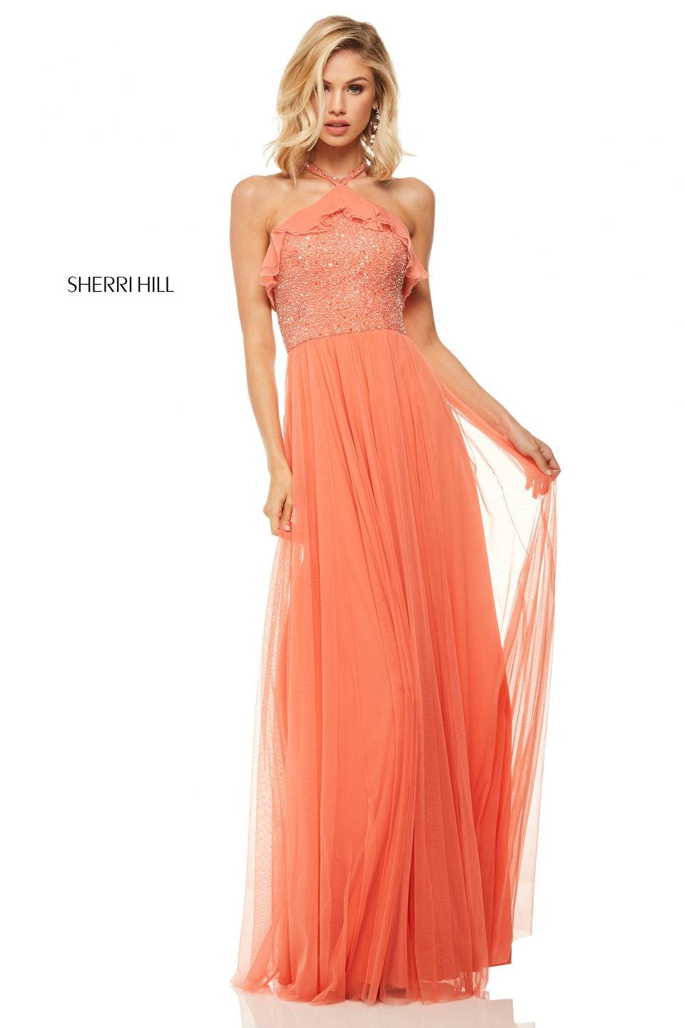 sherri hill Chiffon halter gown with beaded bodice ruffle neckline and lace up back