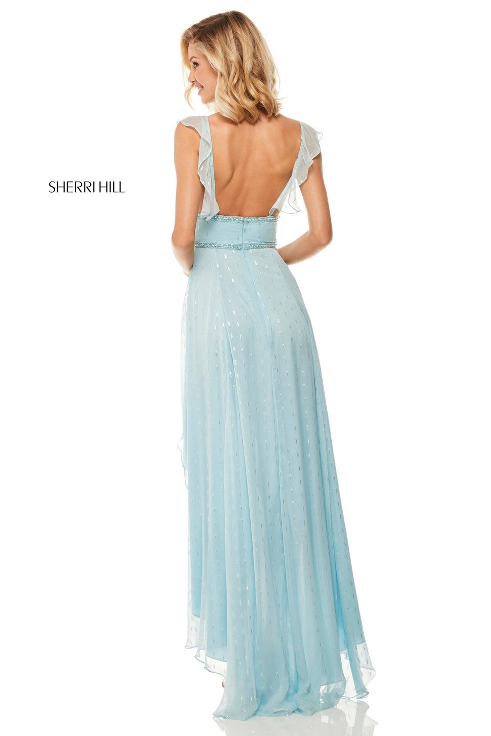 Sherri Hill Chiffon High-low With Ruffle Neckline And Metallic Print Detailing