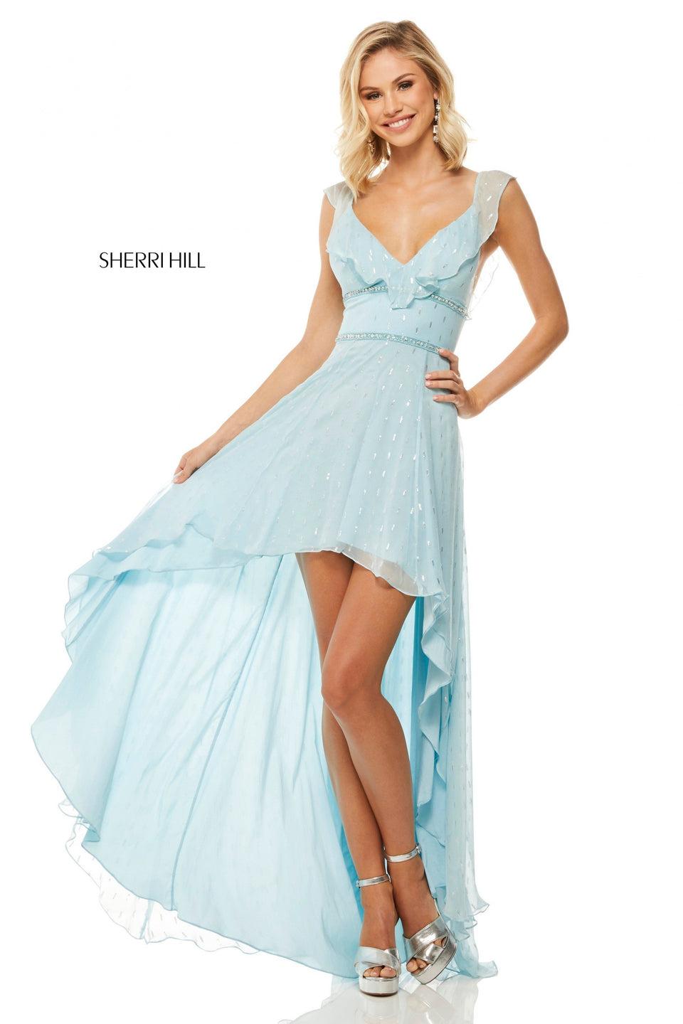 Sherri Hill Chiffon High-low With Ruffle Neckline And Metallic Print Detailing