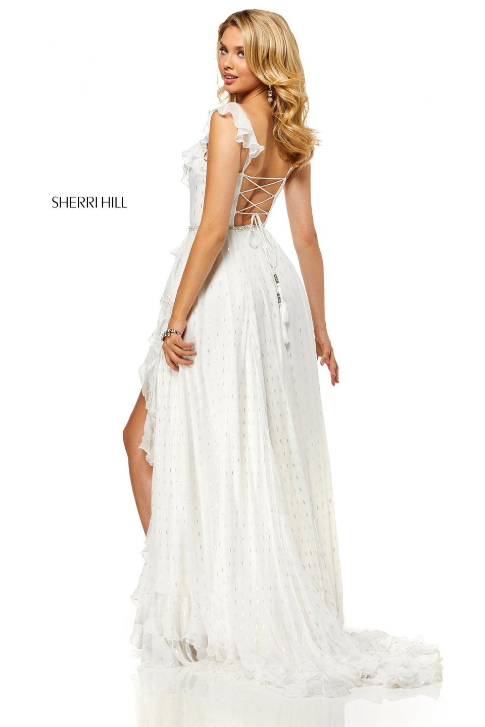 Sherri Hill Chiffon Metallic Print Dress With Ruffles On Hem And Neckline And A Beaded Belt
