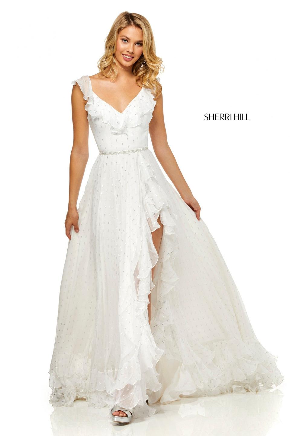 Sherri Hill Chiffon Metallic Print Dress With Ruffles On Hem And Neckline And A Beaded Belt