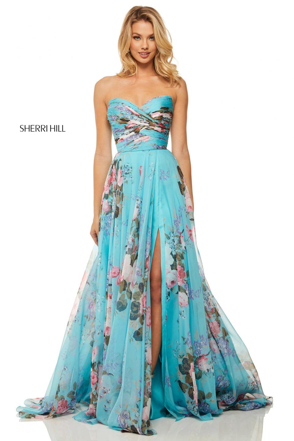 sherri hill Chiffon strapless floral printed gown with a slit and ruched bodice