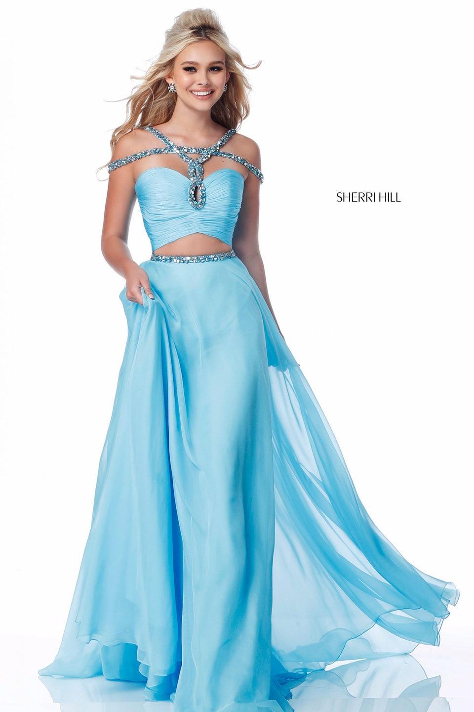 Sherri Hill Chiffon Two Piece With Beaded Strap And Belt Detail
