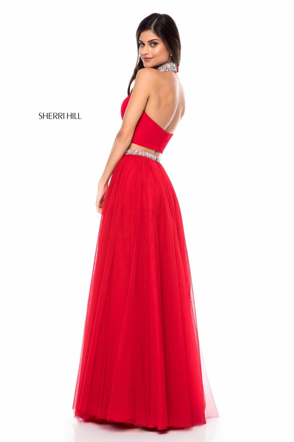 Sherri Hill Chiffon Two Piece With Deep V Bodice And Beaded Choker And Belt
