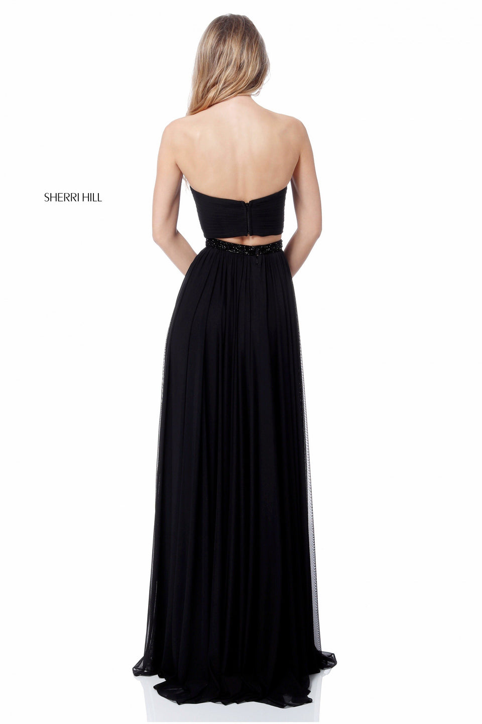Sherri Hill Chiffon Two Piece With Front Cross Bandeau And Slit Skirt With Beaded Belt