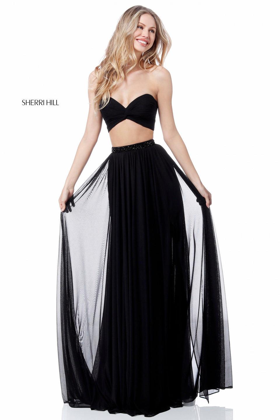 Sherri Hill Chiffon Two Piece With Front Cross Bandeau And Slit Skirt With Beaded Belt