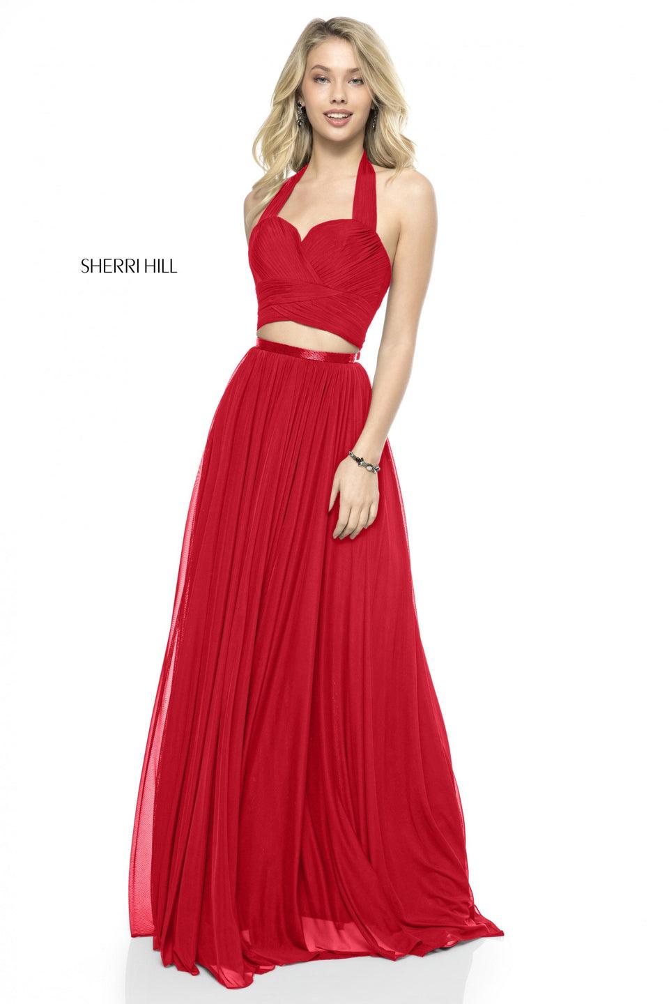 Sherri Hill Chiffon Two Piece With Front Cross Halter Bodice