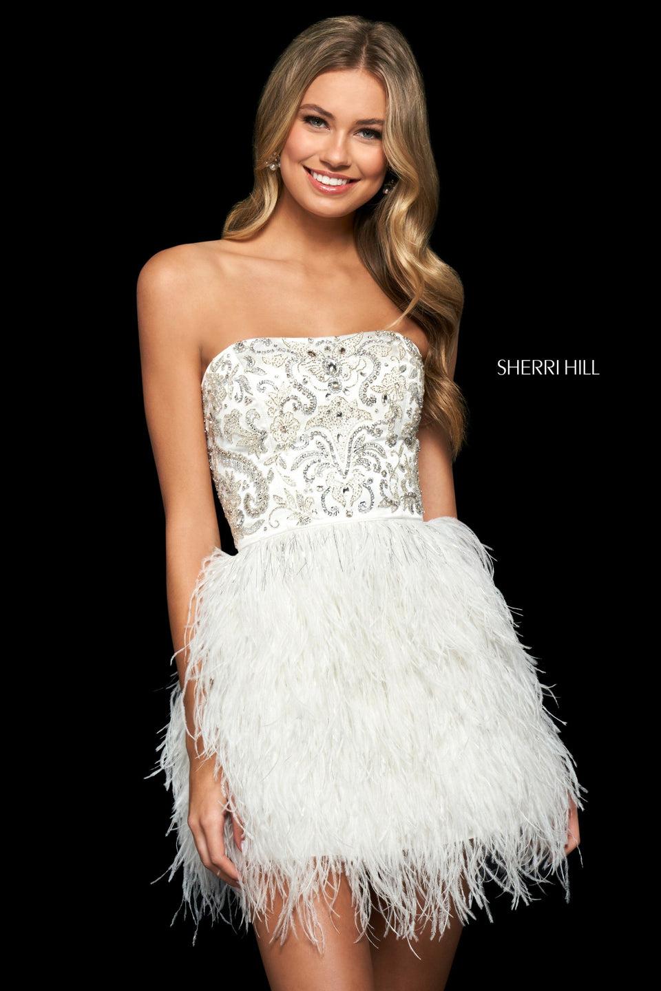 sherri hill Cocktail dress with a beaded embroidered strapless bodice with lace up back and an ostrich feather skirt