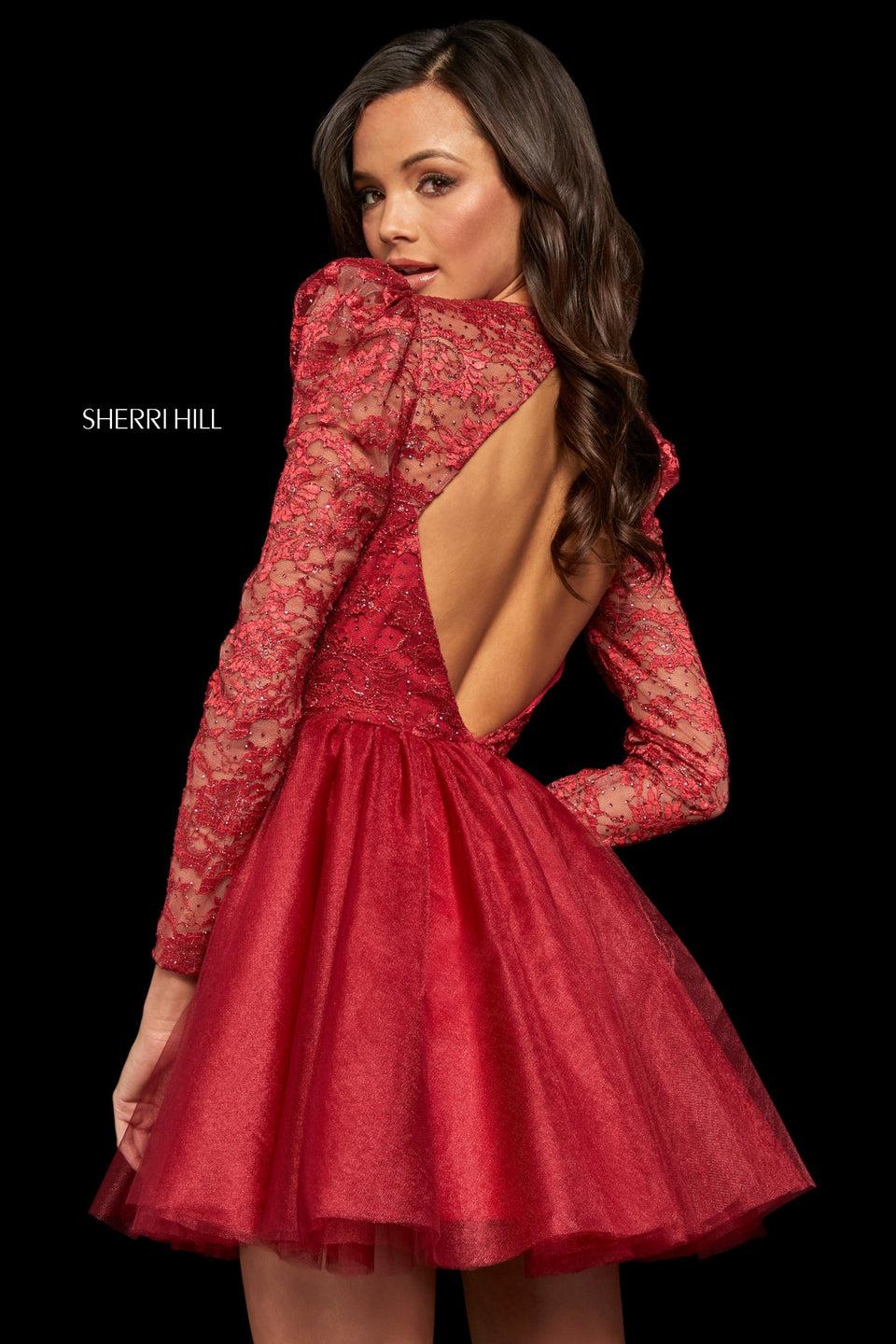 Sherri Hill Cocktail Dress With A Lace Open Back Bodice With Puff Shoulder Long Sleeves And A Shimmer Organza Full A-line Skirt