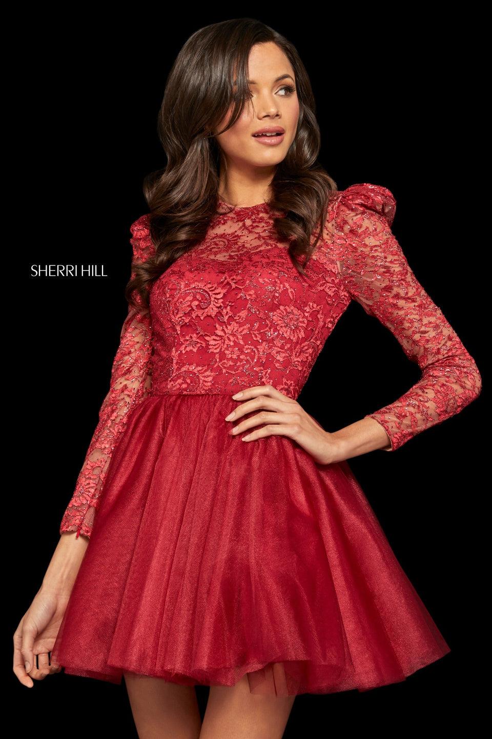 sherri hill Cocktail dress with a lace open back bodice with puff shoulder long sleeves and a shimmer organza full A-line skirt