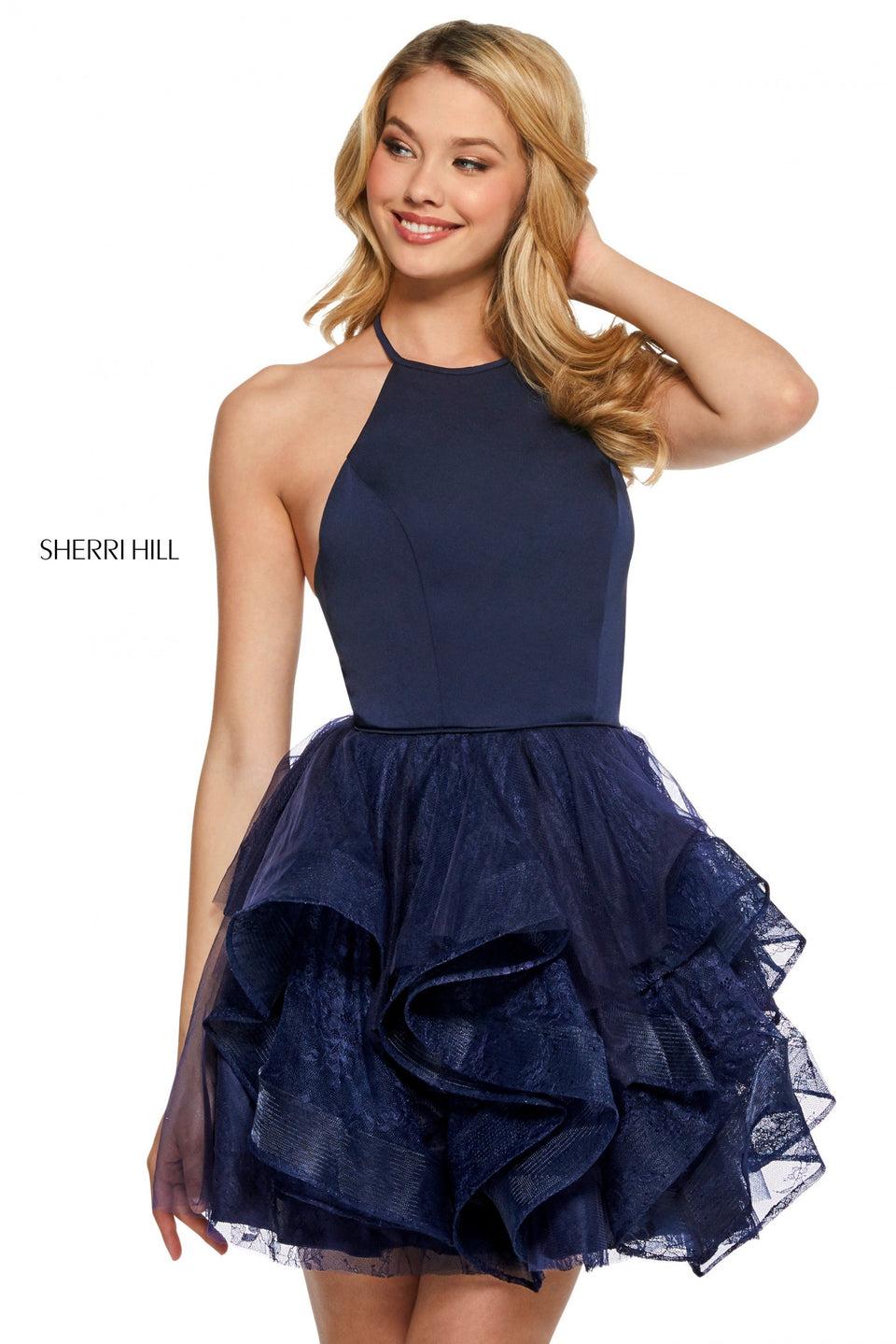 Sherri Hill Cocktail Dress With Halter Top Bodice And Shimmer Lace And Tulle Ruffle Skirt