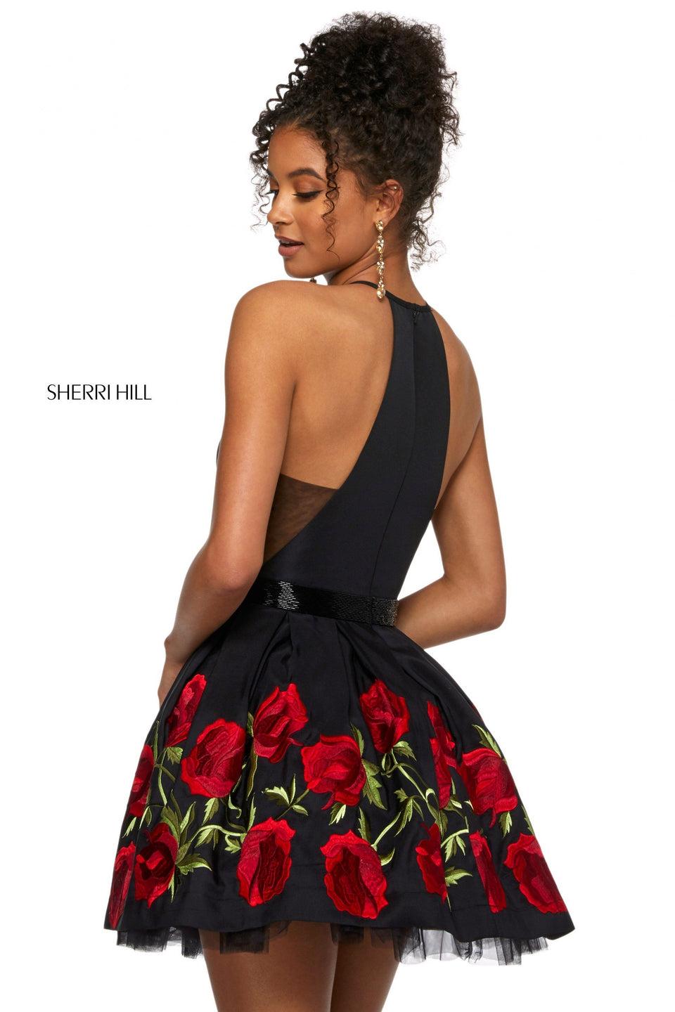 Sherri Hill Cocktail Dress With High Halter Style Neckline Illusion Side Cut Outs Beaded Belt And Full A-line Skirt With Rose Embroidery