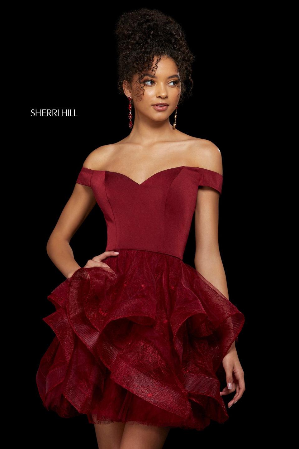 sherri hill Cocktail dress with sweetheart off-the-shoulder neckline with lace and tulle ruffle skirt
