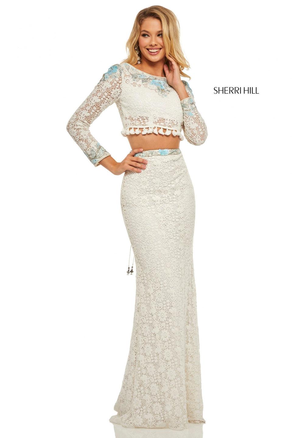 Sherri Hill Crochet Two-piece With A Long Sleeve Beaded Bodice