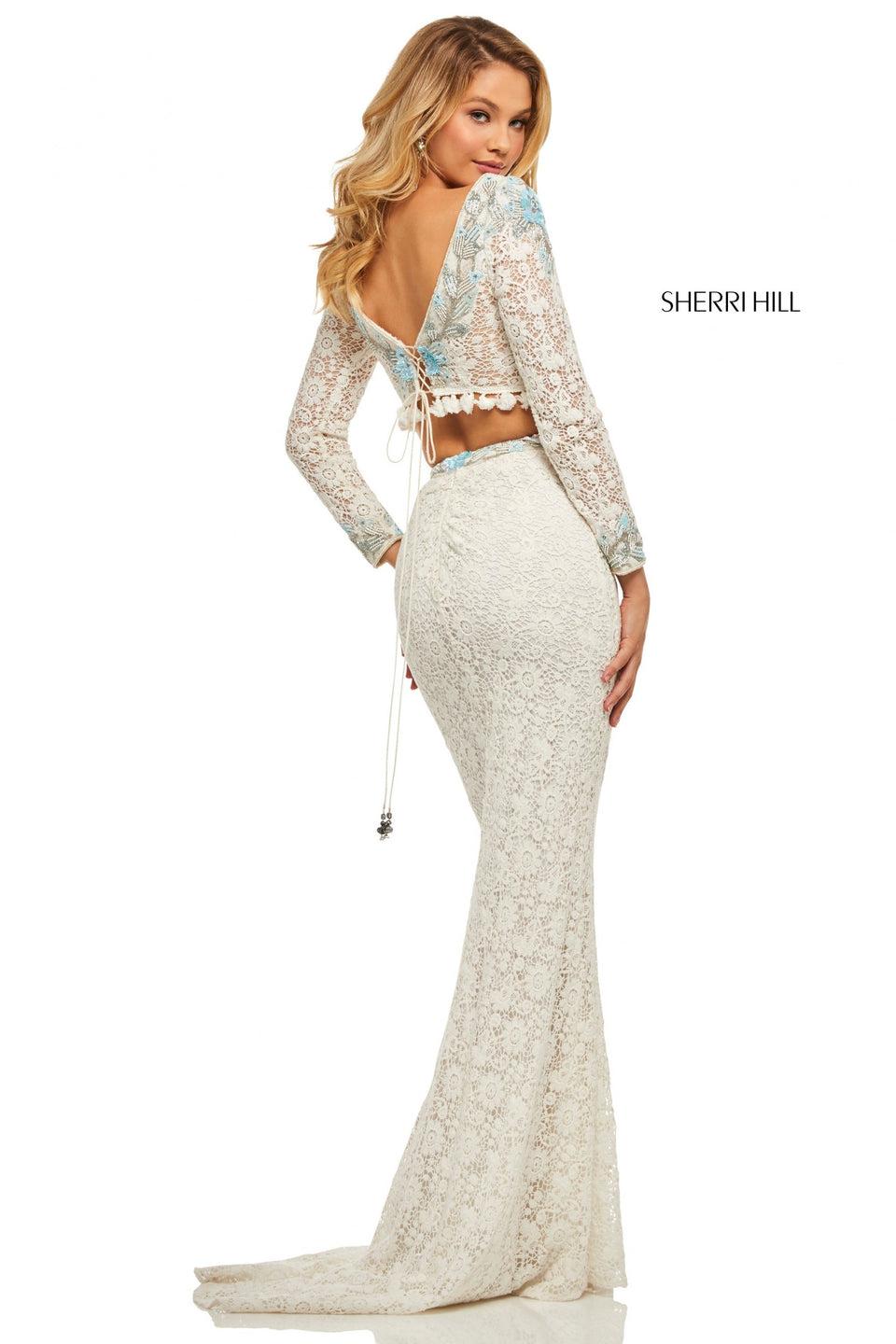Sherri Hill Crochet Two-piece With A Long Sleeve Beaded Bodice