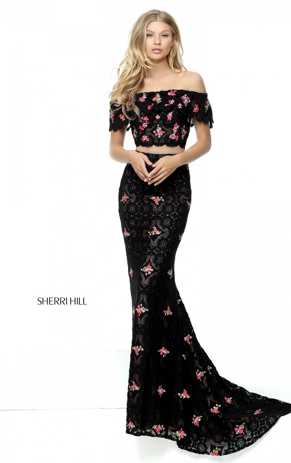 Sherri Hill Crochet Two Piece With Off-the-shoulder Bodice And Fitted Mermaid Skirt