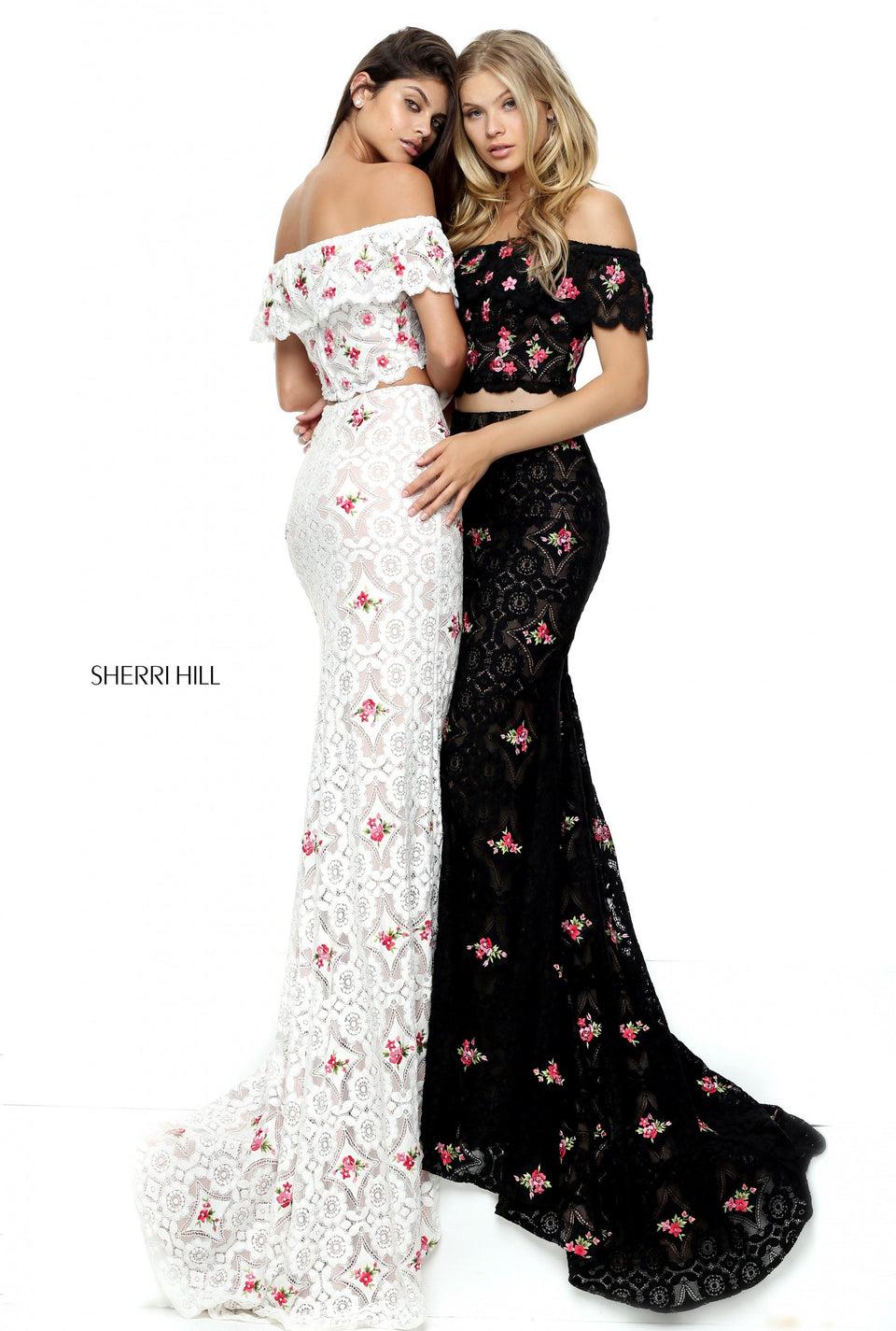 sherri hill Crochet two piece with off-the-shoulder bodice and fitted mermaid skirt