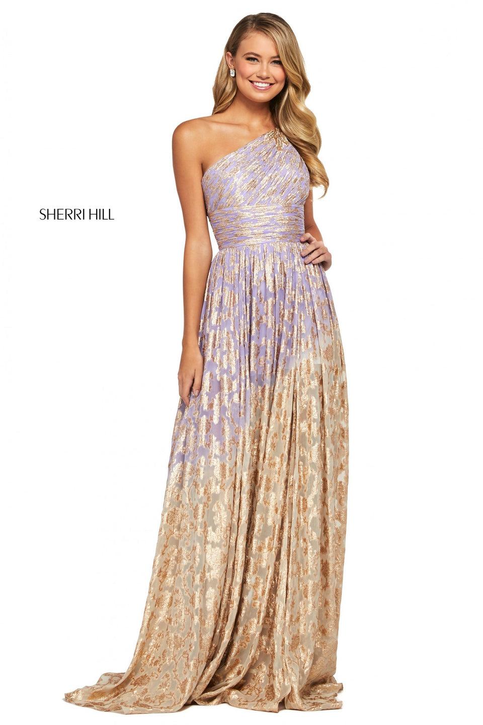 Sherri Hill Cross Dyed Metallic Print One Shoulder Ruched Gown With Beaded Back Straps