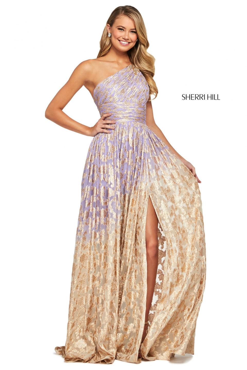 sherri hill Cross dyed metallic print one shoulder ruched gown with beaded back straps