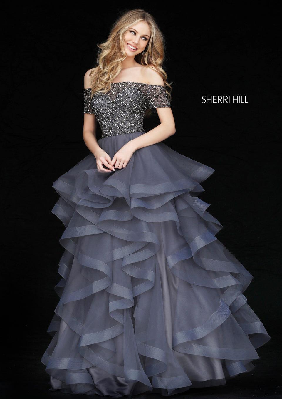 Sherri Hill Cross Stitch Beaded Off-the-shoulder Bodice And Ruffle Tulle Ball Gown Skirt
