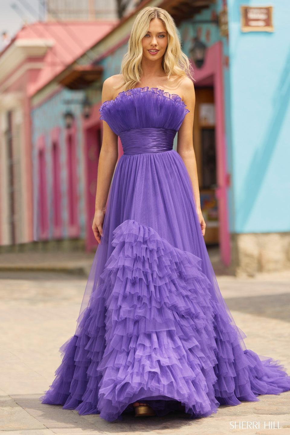 sherri hill Crumb catcher ball gown with satin bodice and ruffle skirt