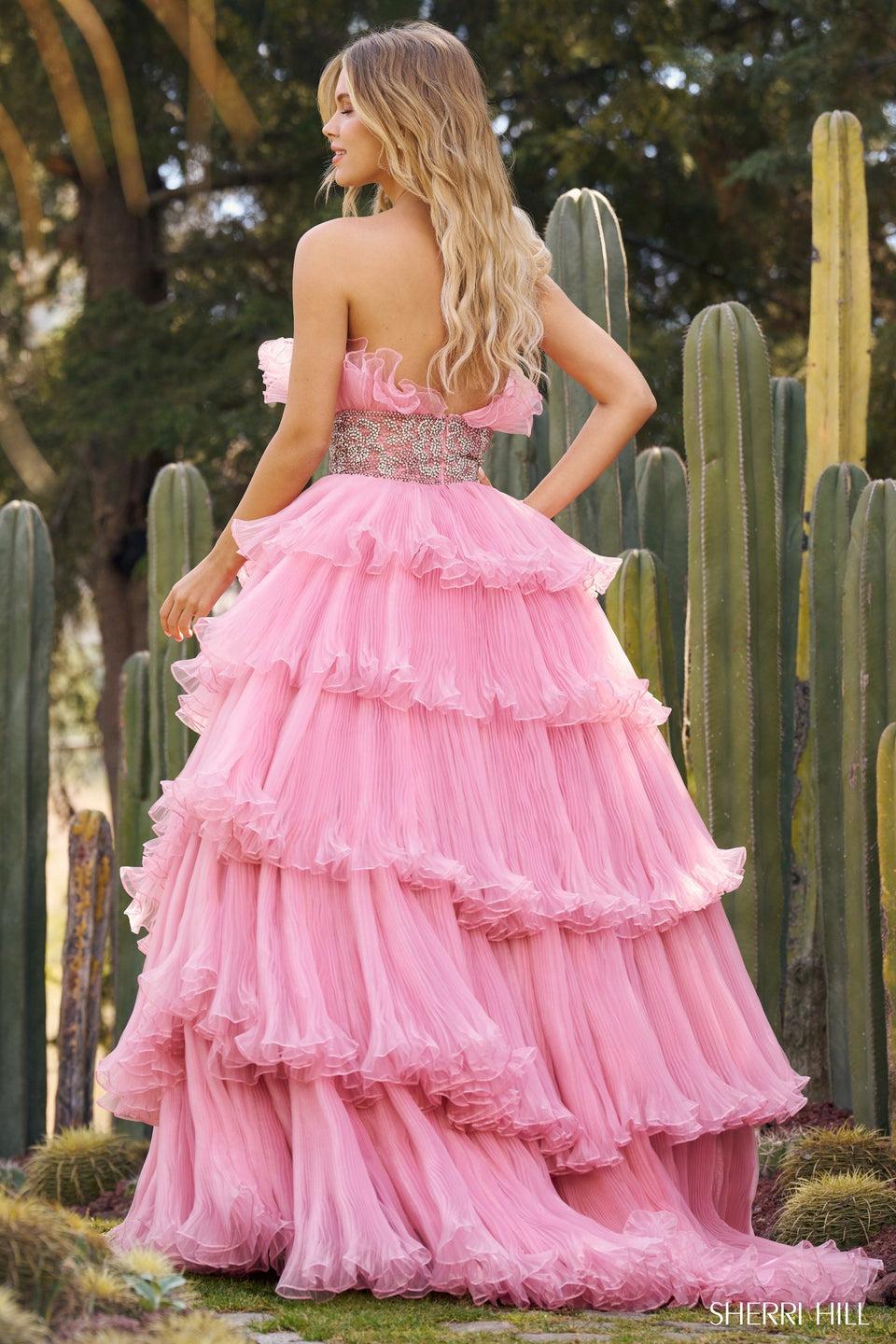 Sherri Hill Crumb Catcher Organza Pleated Ball Gown With Ruffle Tiered Skirt And Beaded Artwork On Bodice