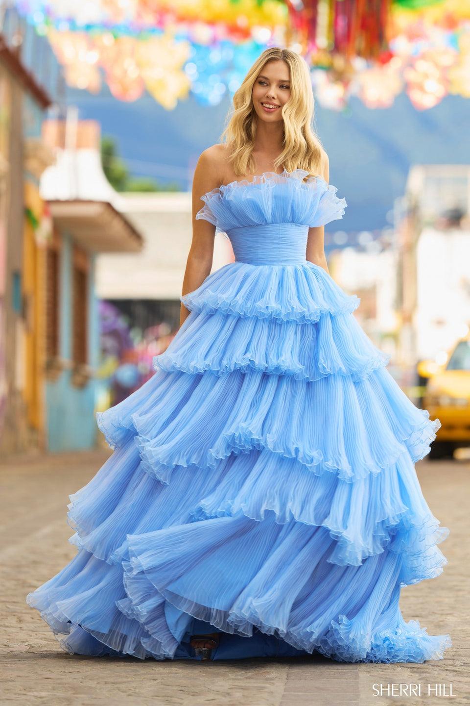 sherri hill Crumb catcher organza pleated ball gown with ruffle tiered skirt