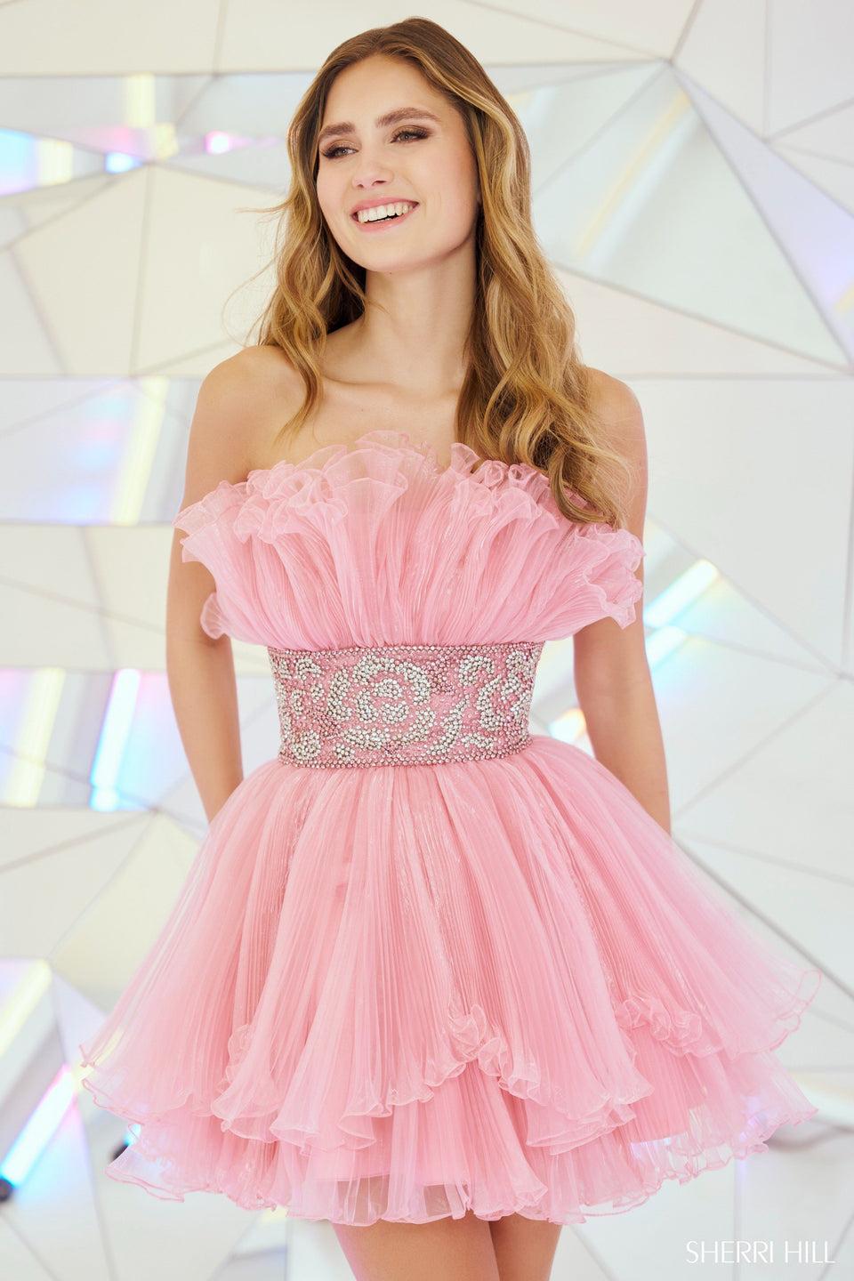Sherri Hill Crumb Catcher Organza Pleated Cocktail Dress With Ruffle Tiered Skirt And Beaded Artwork On Waistline