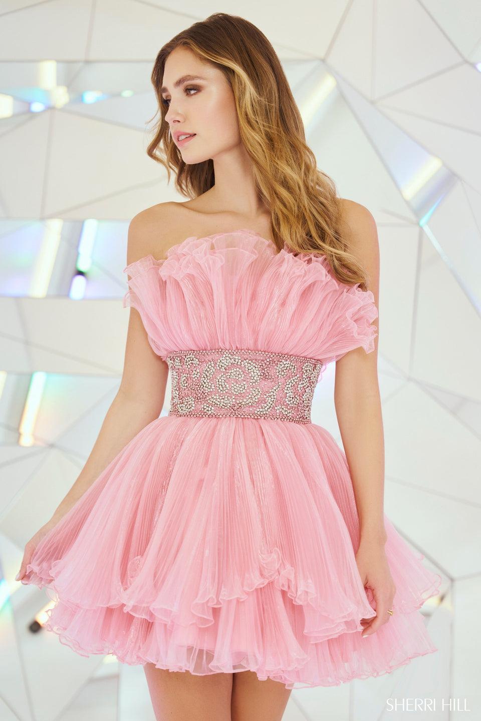 sherri hill Crumb catcher organza pleated cocktail dress with ruffle tiered skirt and beaded artwork on waistline