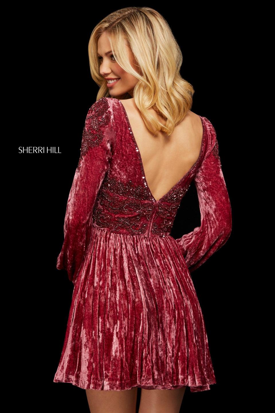 Sherri Hill Crushed Velvet Cocktail Dress With Deep Sweetheart Neckline Bishop Sleeves And Beading At The Waist And Shoulders