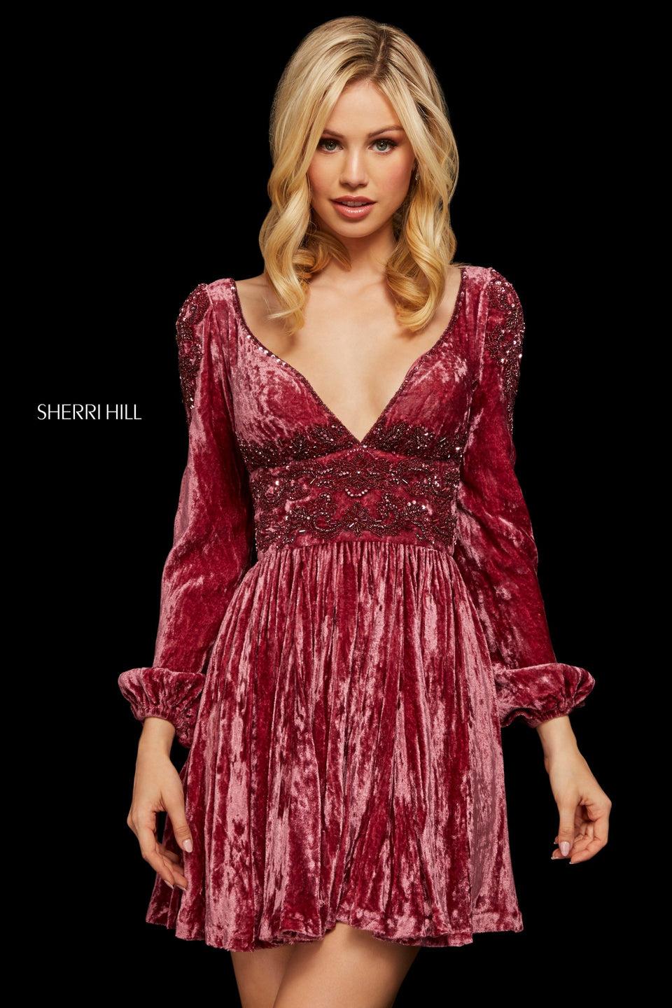 sherri hill Crushed velvet cocktail dress with deep sweetheart neckline bishop sleeves and beading at the waist and shoulders