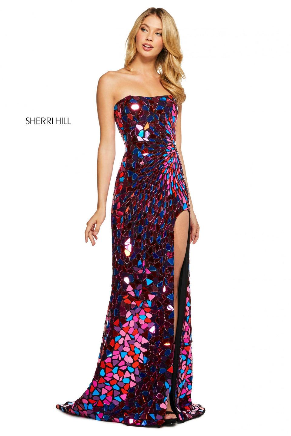 sherri hill Cut glass embellished scuba dress with strapless neckline rounded skirt slit and corset style lace up back